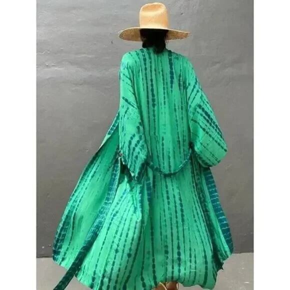 New Boho Flowy Ombre Tie Dye Beach Swim Coverup Maxi Duster Front Tie Green B500 - Picture 10 of 14